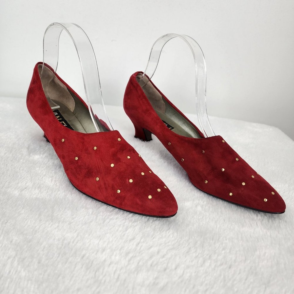 Vaneli Vintage Red and Gold Suede Leather Kitten Heel Pointed Toe Slip On Pumps - Picture 2 of 7